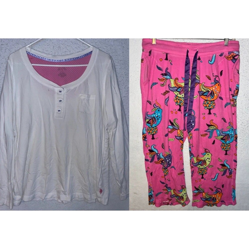 Nick & Nora Pajama SET Womens XXL Pink Birds Paisley Waffle Knit Pocket Lounge